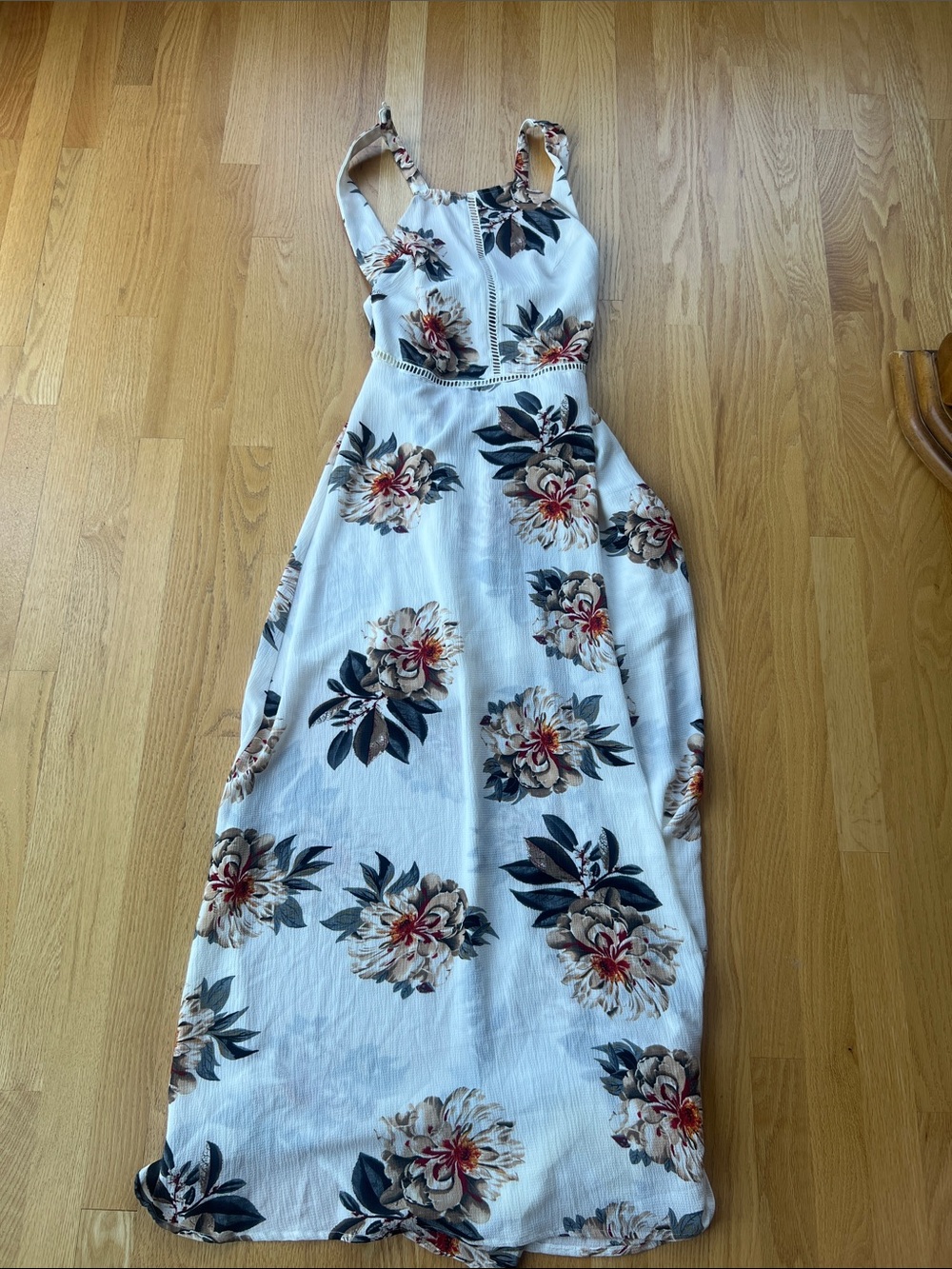 Simplee Apparel White Maxi Dress with Navy and Cream Floral Accents